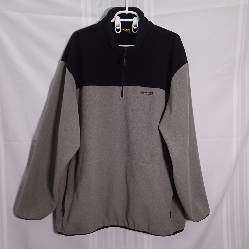 Nautica Fleece Pullover Men XXL Gray Black Competition 1/4 Zip Colorblock Pocket